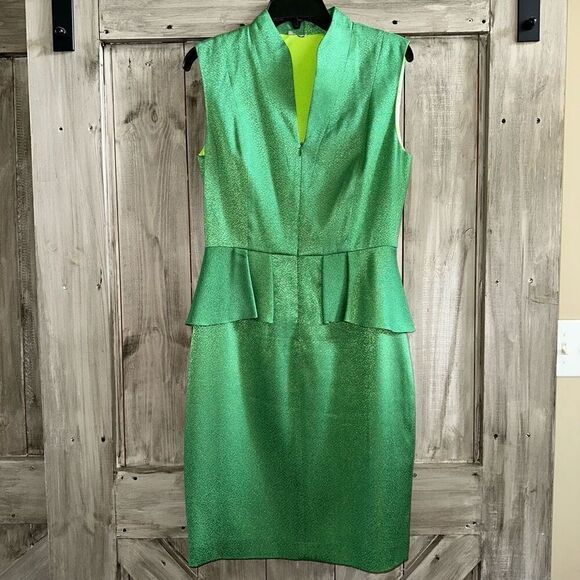 Tahari Peplum Waist Ruffle Pencil Dress Vibrant Green - Picture 1 of 10
